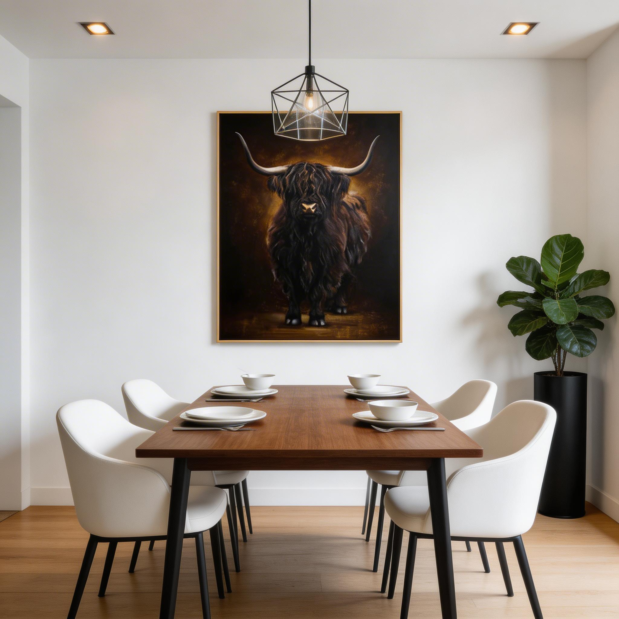 Highland Cow Wall Art – Dark Rustic Animal Canvas Painting #CP023