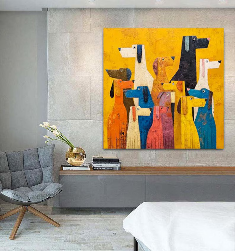 Abstract Colorful Dogs Canvas Painting — Original Whimsical Animal Wall Art #CP037