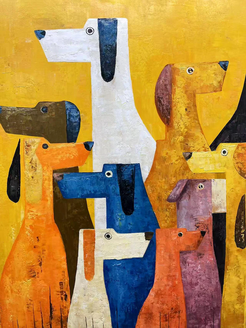 Abstract Colorful Dogs Canvas Painting — Original Whimsical Animal Wall Art #CP037