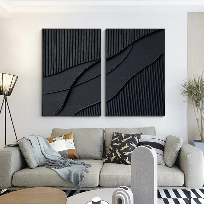 Black Plaster Art Minimalist Textured Painting Set of 2 #BT011