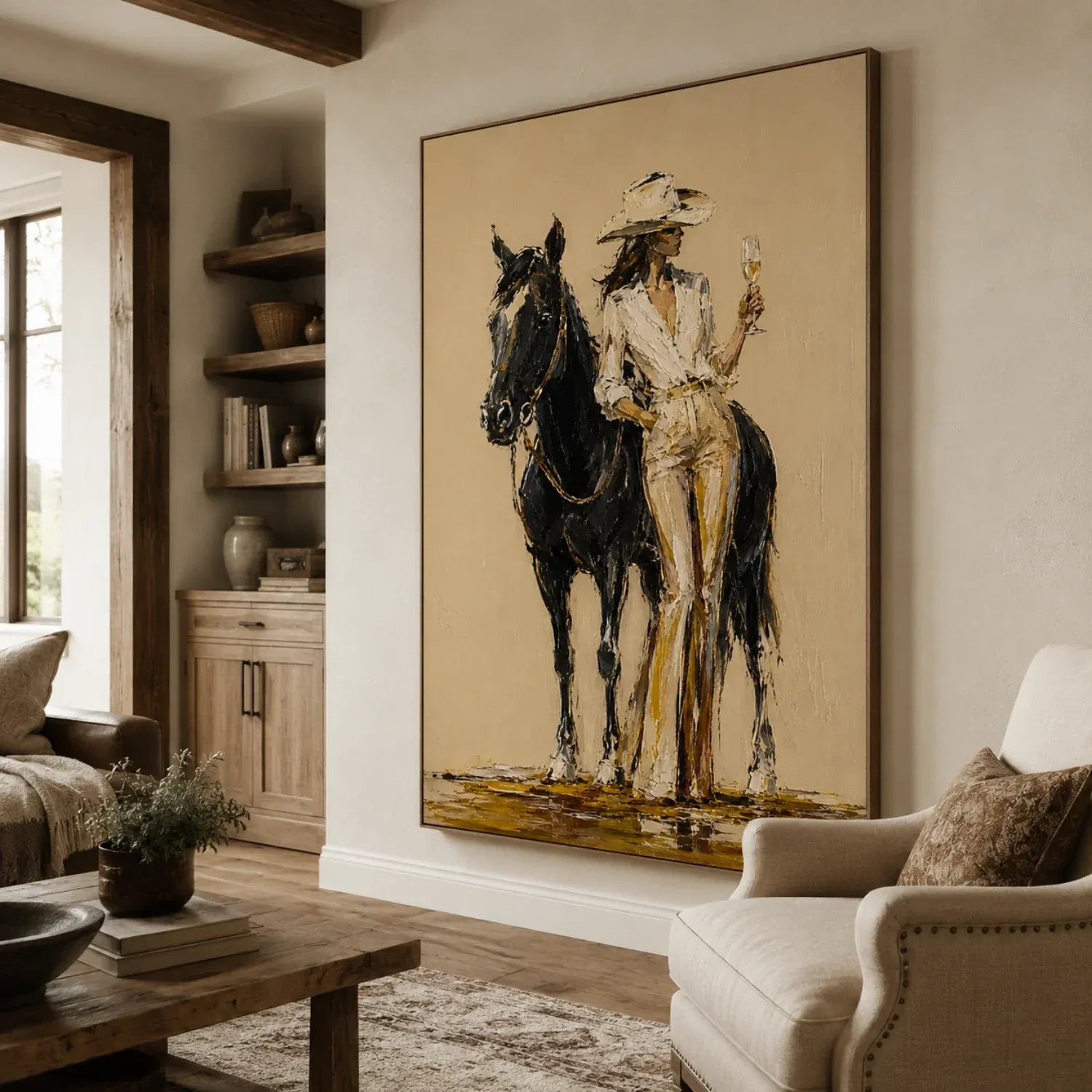 Champagne Cowgirl & Black Horse Original Hand-Painted Oil Painting #WW008