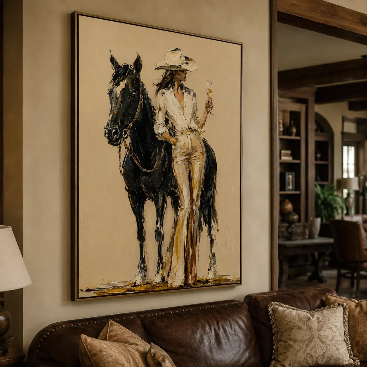 Champagne Cowgirl & Black Horse Original Hand-Painted Oil Painting #WW008