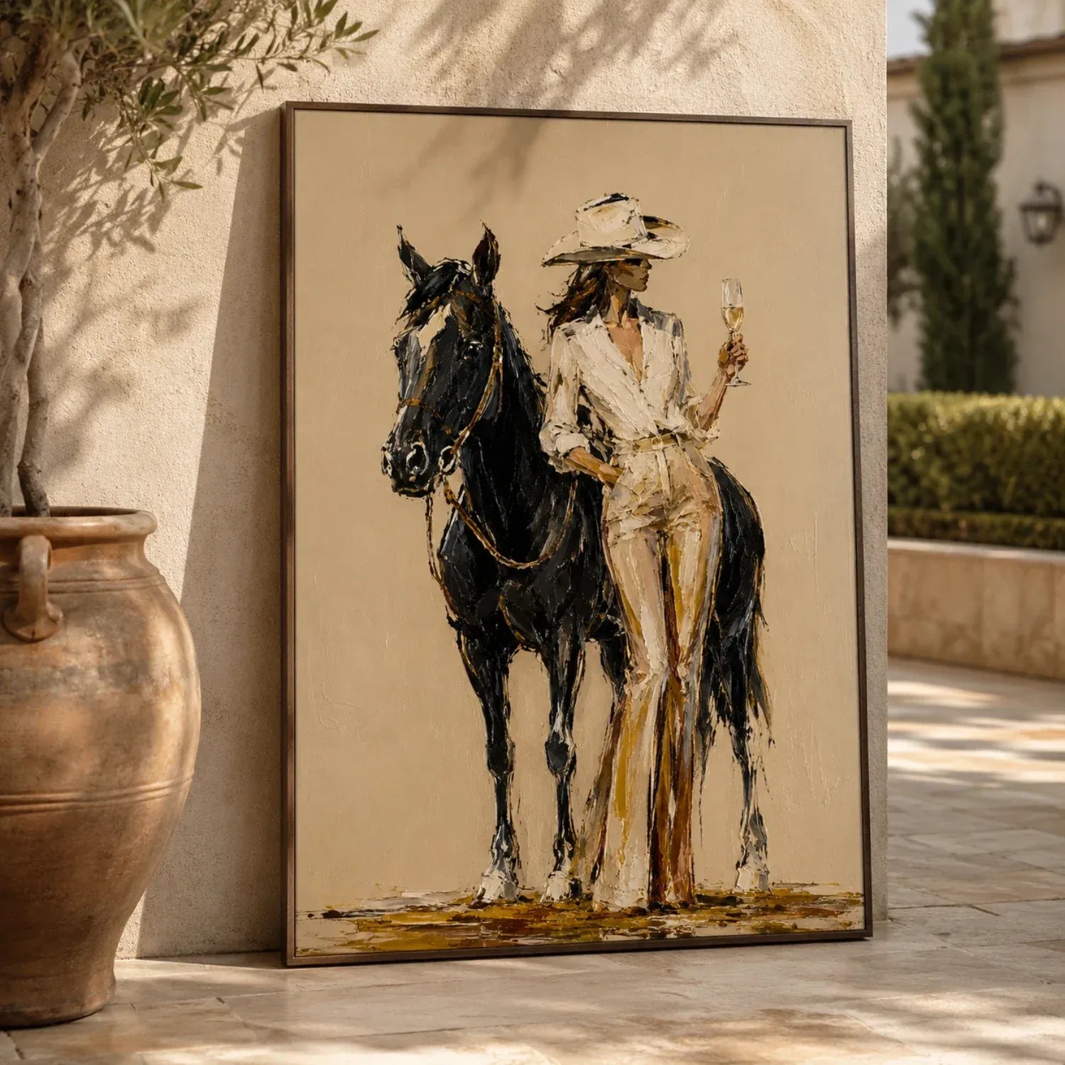 Champagne Cowgirl & Black Horse Original Hand-Painted Oil Painting #WW008