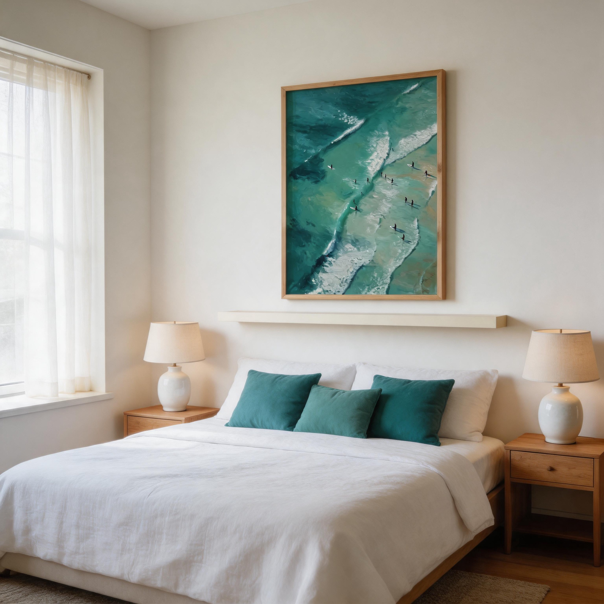 Riding the Break — Aerial Surfers Teal Ocean Canvas Wall Art #BC002