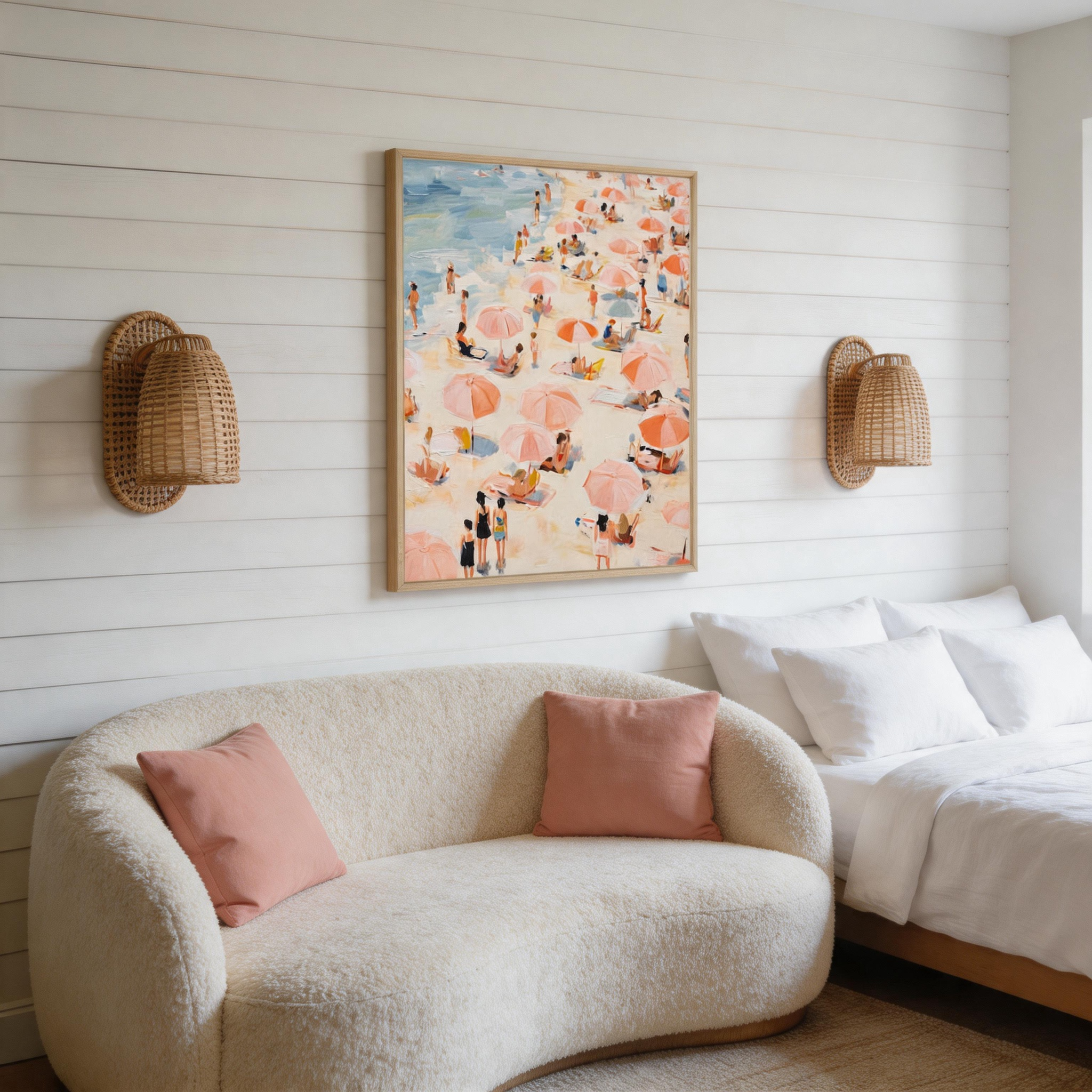 Summer Crowd — Peach Umbrella Beach Scene Canvas Wall Art #BC004