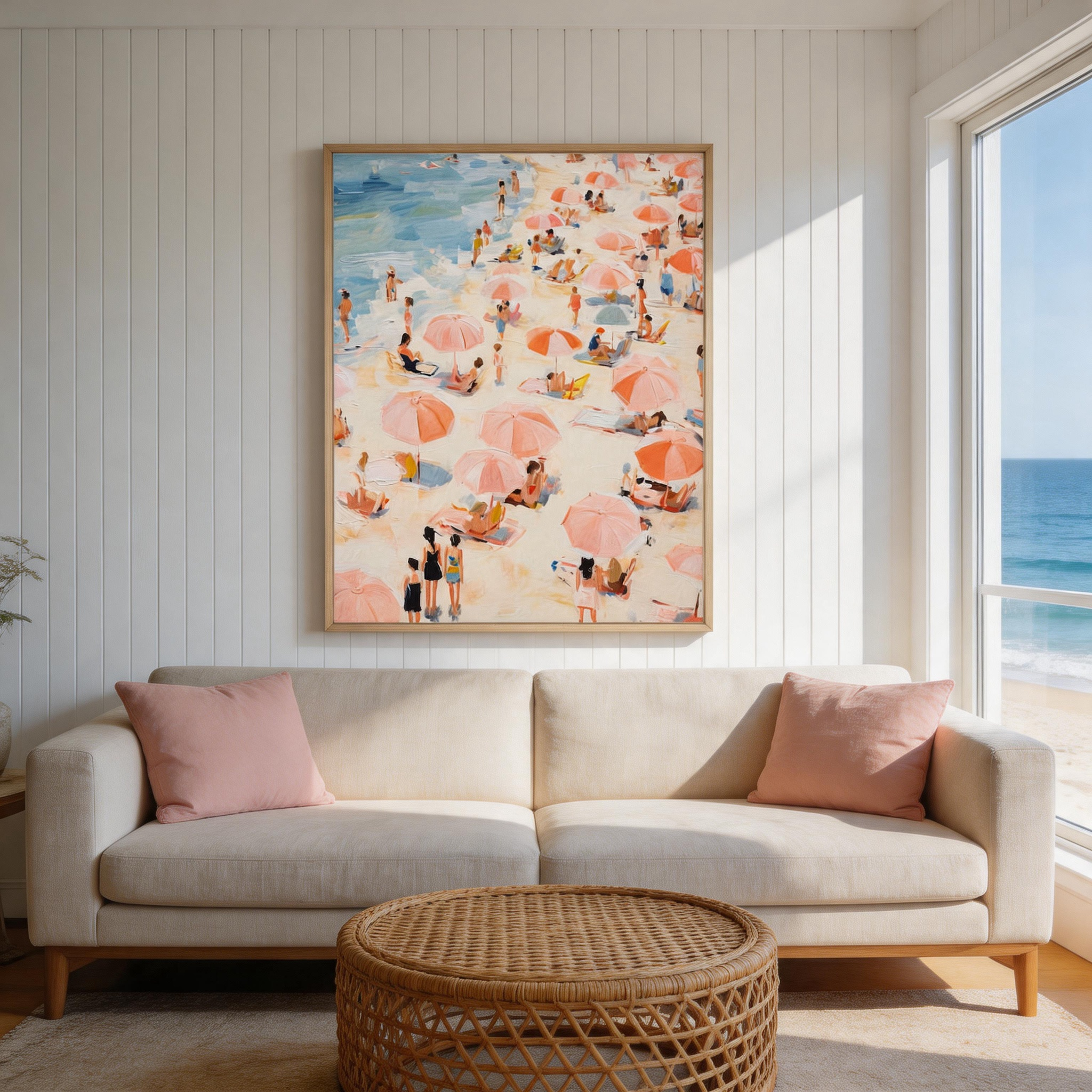 Summer Crowd — Peach Umbrella Beach Scene Canvas Wall Art #BC004