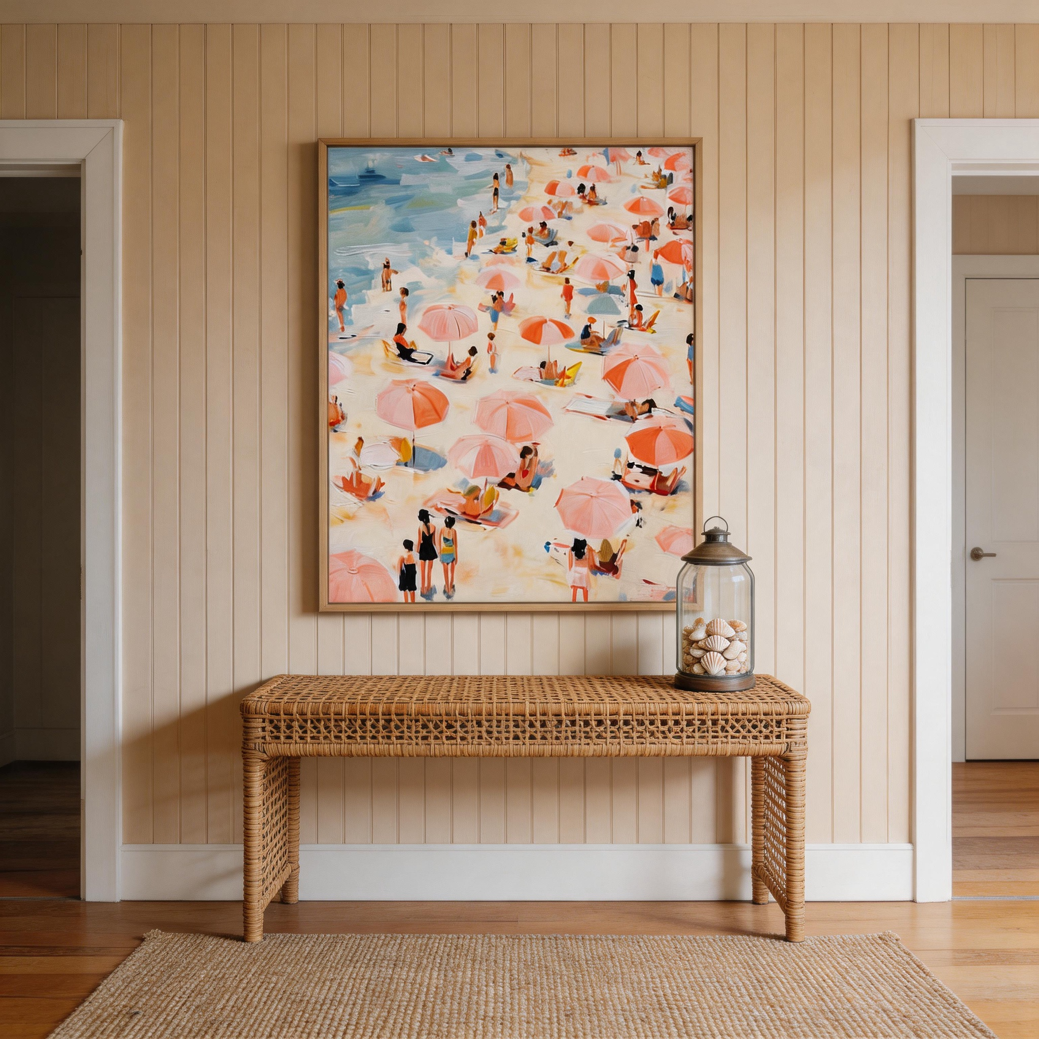 Summer Crowd — Peach Umbrella Beach Scene Canvas Wall Art #BC004