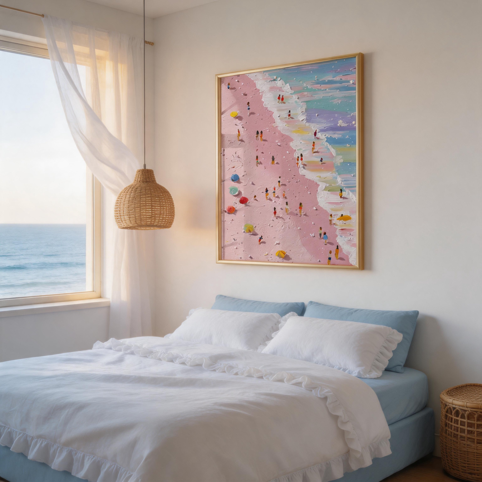 Pink Beach from Above — Aerial Impasto Canvas Wall Art with Figures #BC001