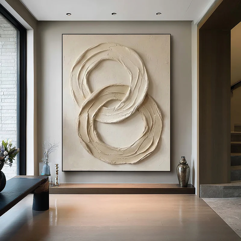 Infinity — Double Circle Impasto Sculptural Canvas Wall Art in Ivory & Sand #CP054