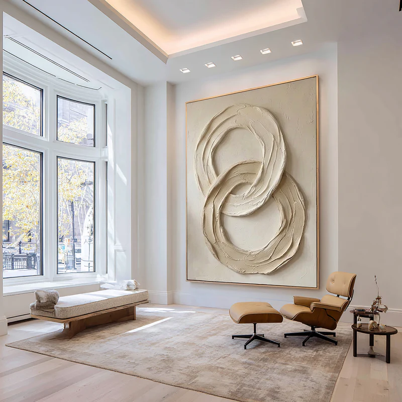 Infinity — Double Circle Impasto Sculptural Canvas Wall Art in Ivory & Sand #CP054
