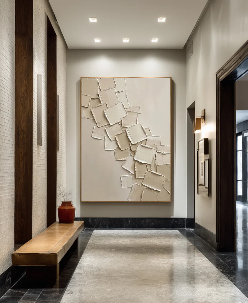 Cascade — Ivory Square Relief Impasto Canvas Wall Art on Warm Beige #CP053