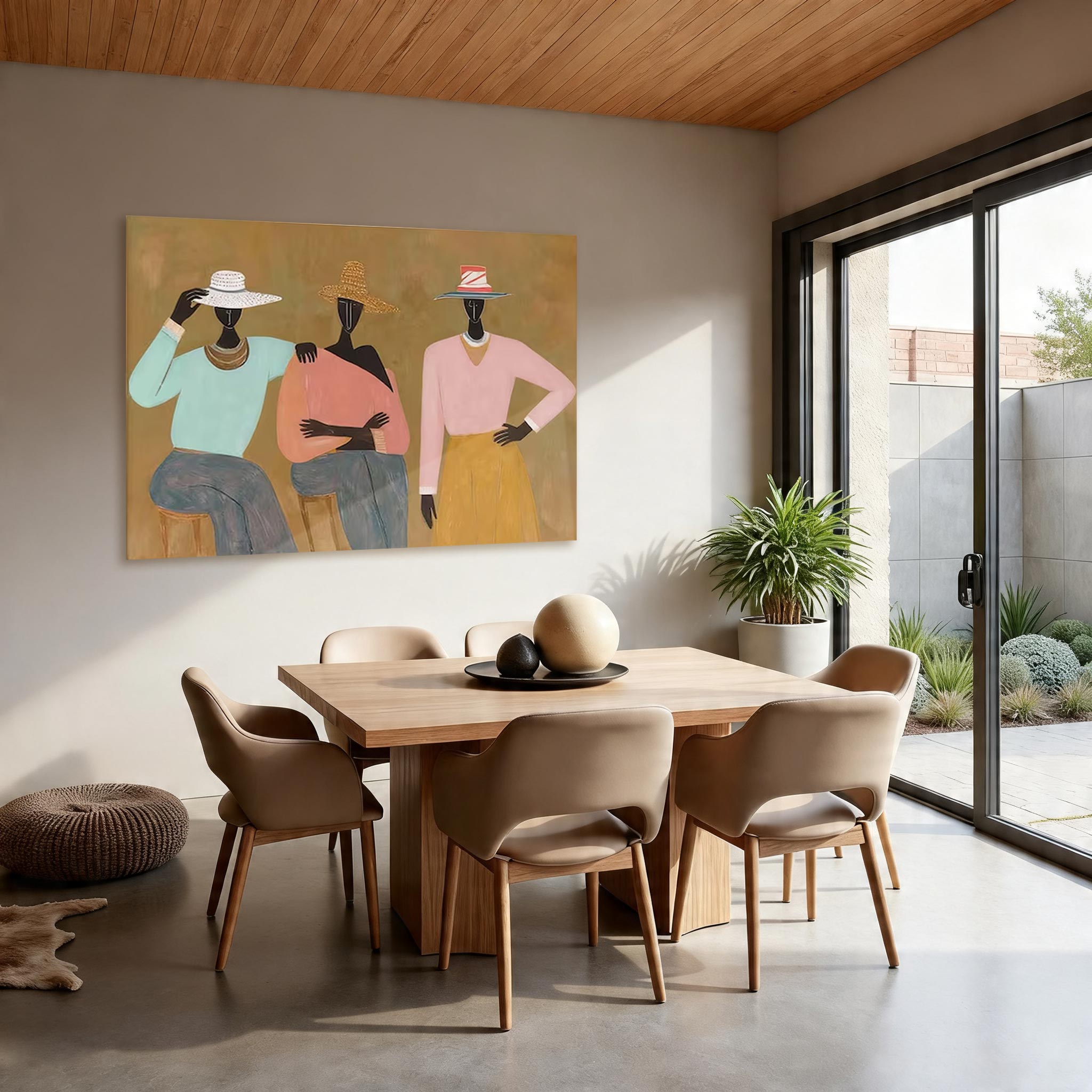 Three Women with Hats Canvas Painting — Original Figurative Art #CP034