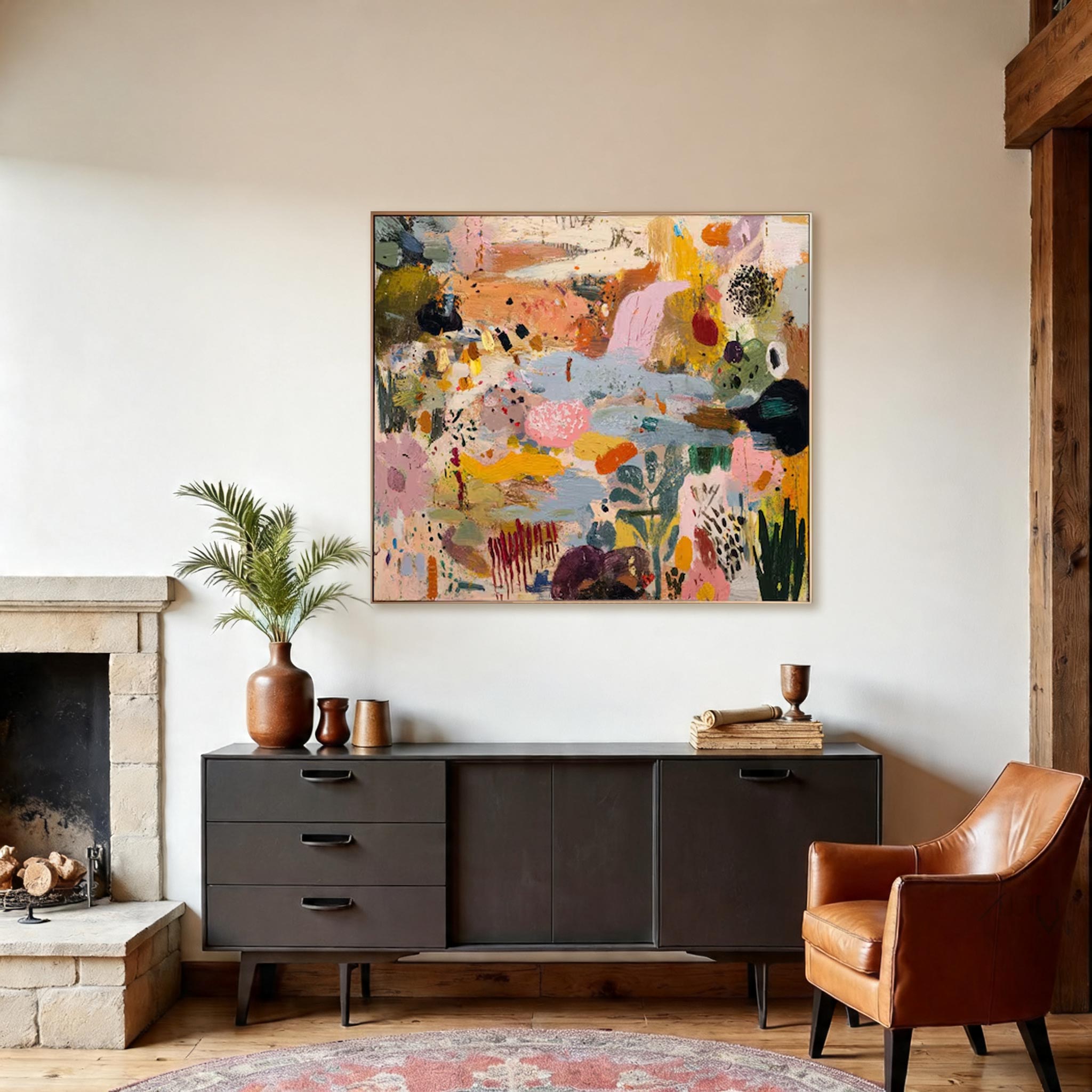 Large Colorful Abstract Canvas Painting — Original Expressive Floral Garden Wall Art #CP033