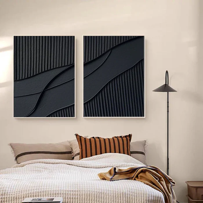 Black Plaster Art Minimalist Textured Painting Set of 2 #BT011