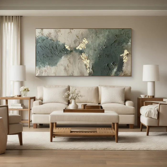 Sage & Gold — Luxury Textured Abstract Canvas Wall Art with Gold Leaf Detail #SG001