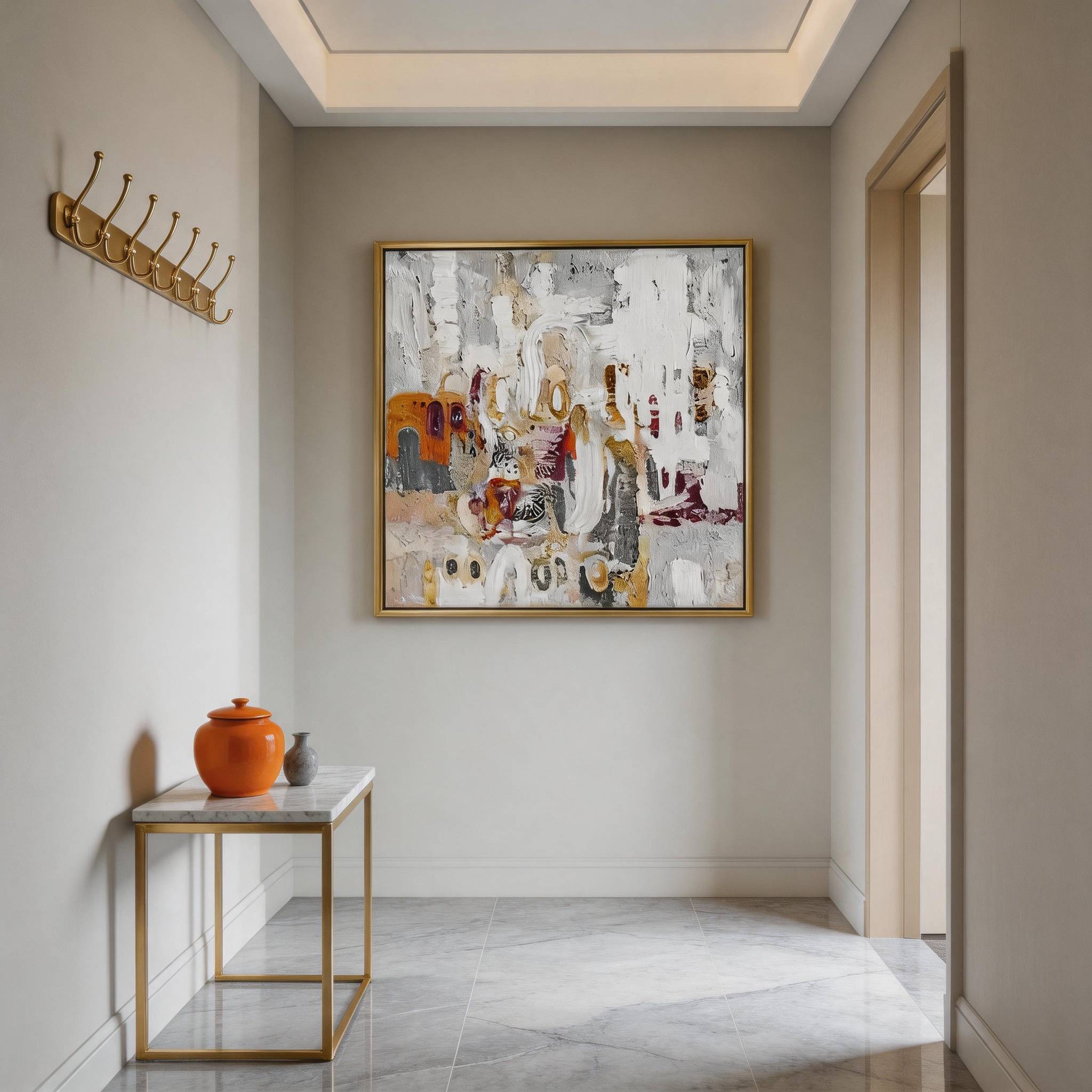 Warm Chaos — Abstract Impasto Canvas Wall Art in White, Gold & Burnt Orange #GT008