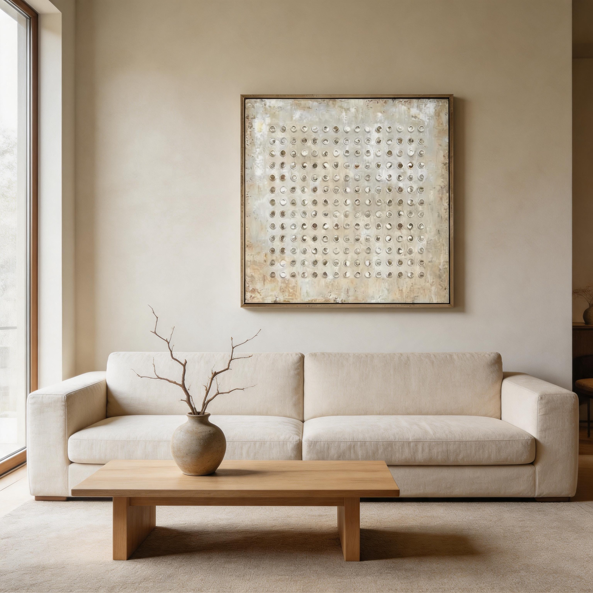 One Hundred Circles — Ivory Dot Grid Impasto Canvas Wall Art #GT009