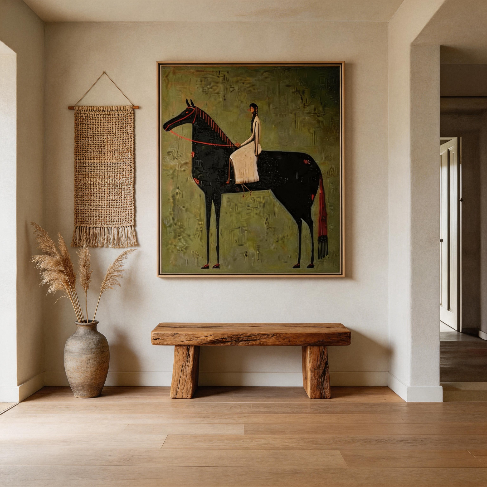 She Rides at Dusk — Abstract Equestrian Woman & Black Horse Canvas Wall Art #HA028