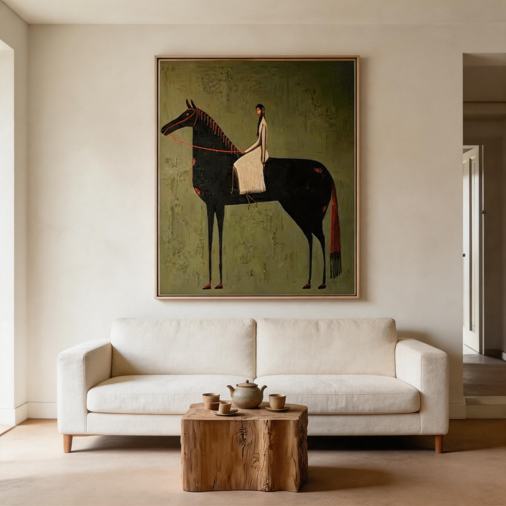 She Rides at Dusk — Abstract Equestrian Woman & Black Horse Canvas Wall Art #HA028