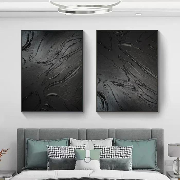 Black Plaster Art Minimalist Textured Painting Set of 2 #BT010