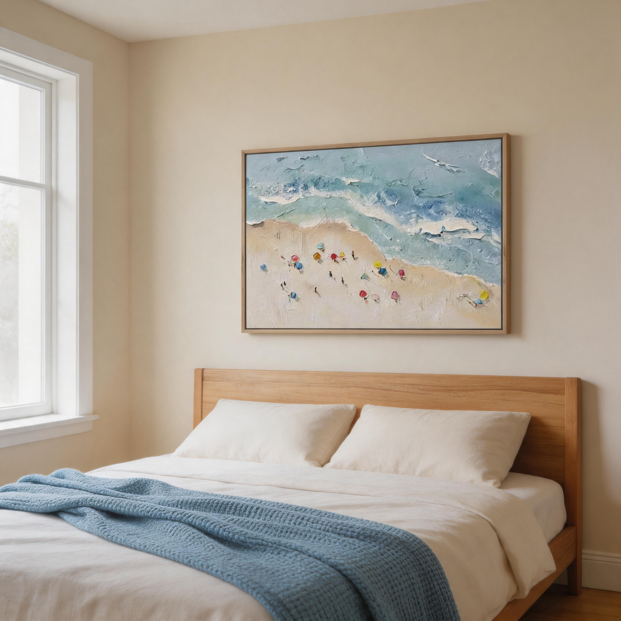 Summer Shore — Aerial Beach Impasto Canvas Wall Art with Colourful Umbrellas #CP049