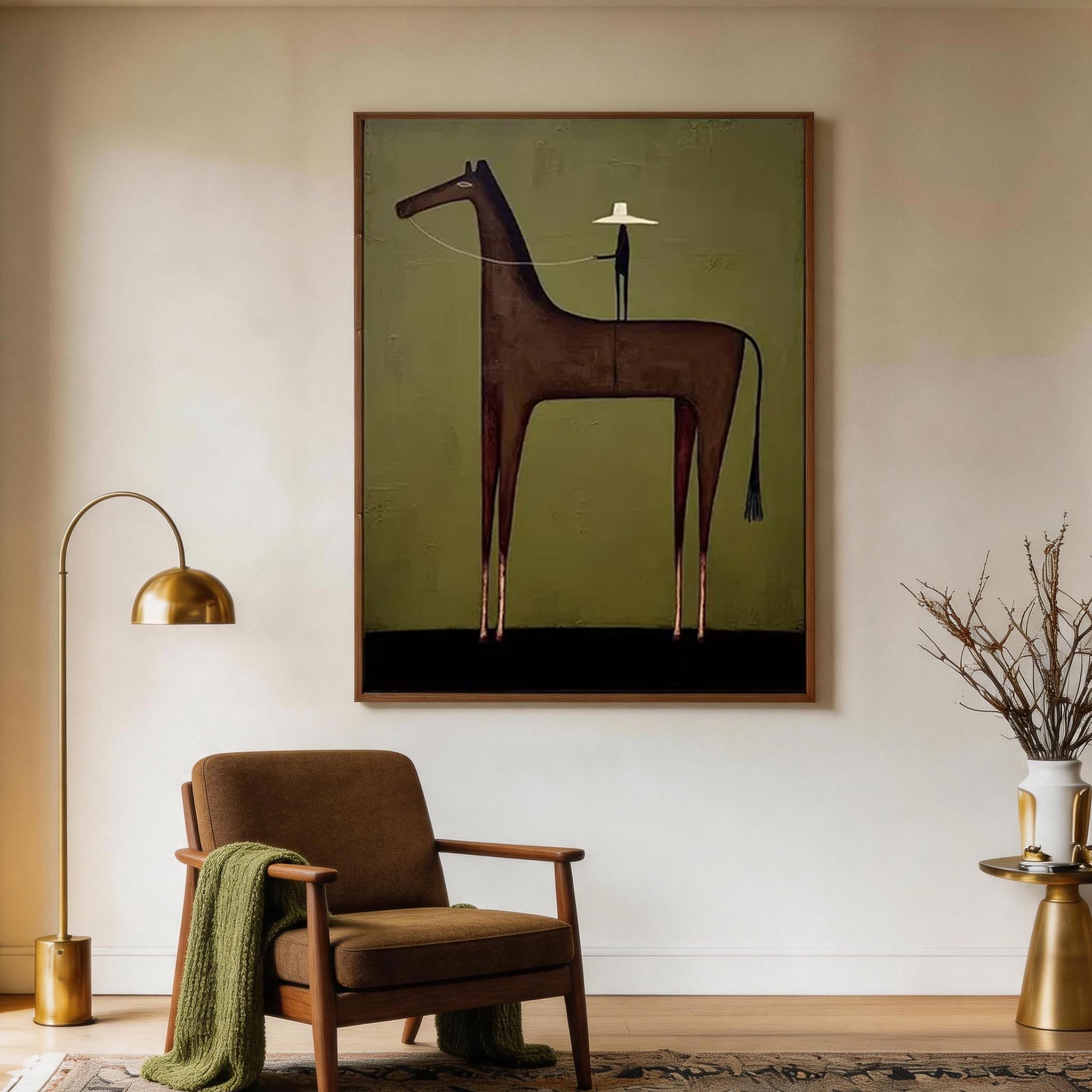 The Wrangler — Dark Horse & Hat Rider Folk Art Canvas Wall Art #HA038