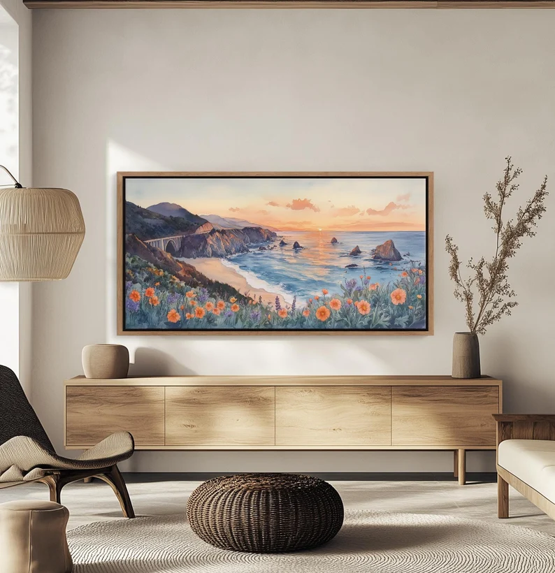Coastal Sunset Wall Art – Large Ocean Landscape Canvas Painting #CP017