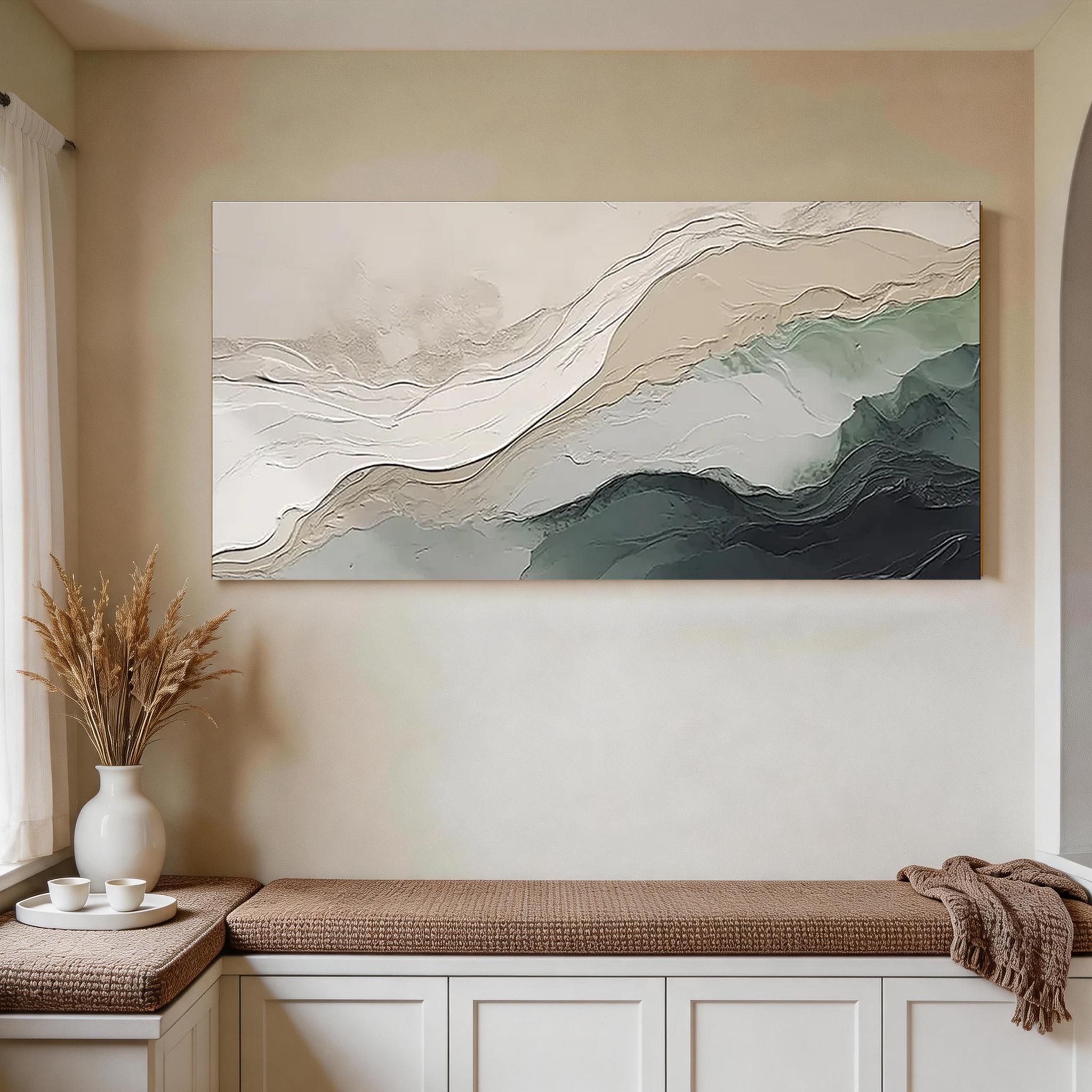 Tidal Layers — Abstract Landscape Canvas Art, Ivory & Sage Teal #AB020