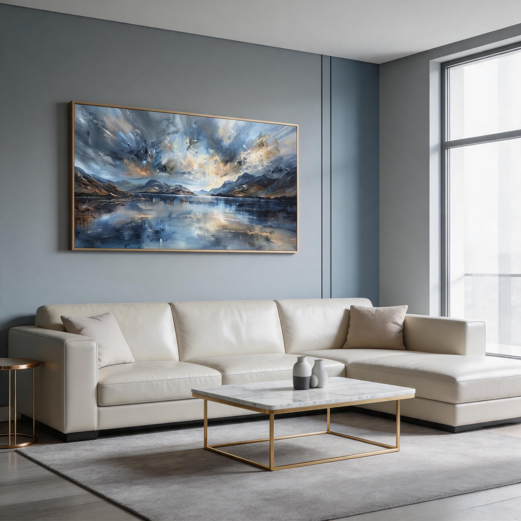 Steel Sky & Gold Light — Wide Format Mountain Lake Canvas Print with Storm Clouds #MA039