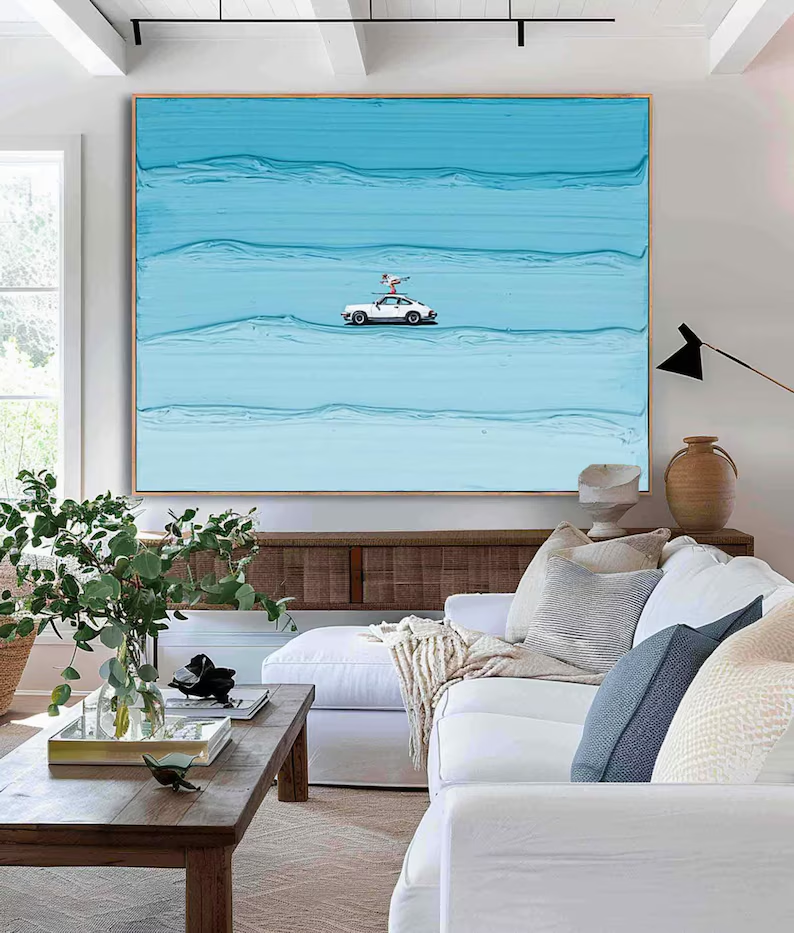 Open Road Textured Canvas Wall Art — Minimalist Car Painting on Sky Blue #PP004