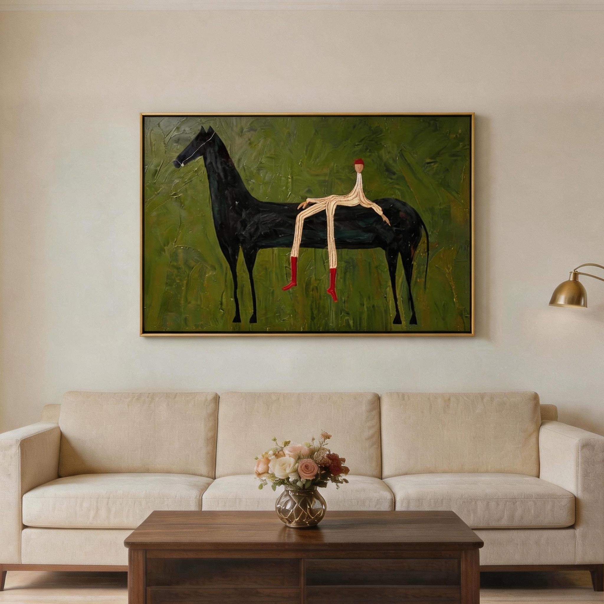 Red Socks — Stick Figure Rider & Black Horse Canvas Wall Art #HA043
