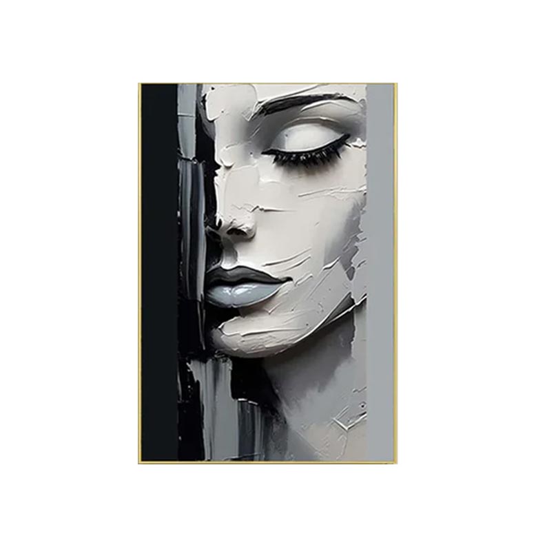 Abstract Black White Woman Portrait Wall Art – Textured Canvas Painting #MA026