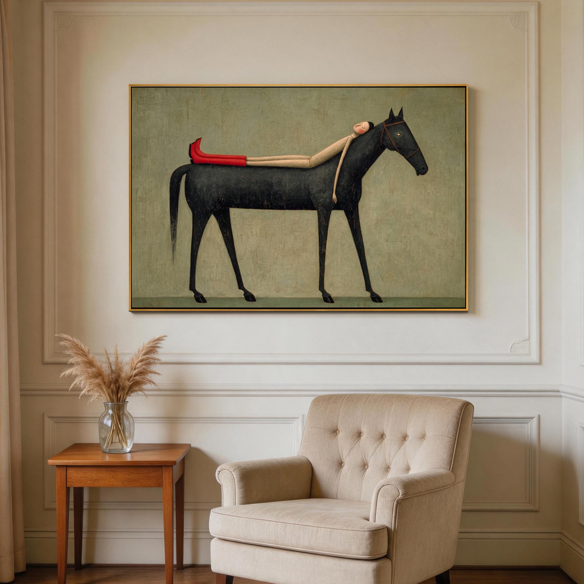 Carried — Woman & Black Horse Surrealist Canvas Wall Art #HA040