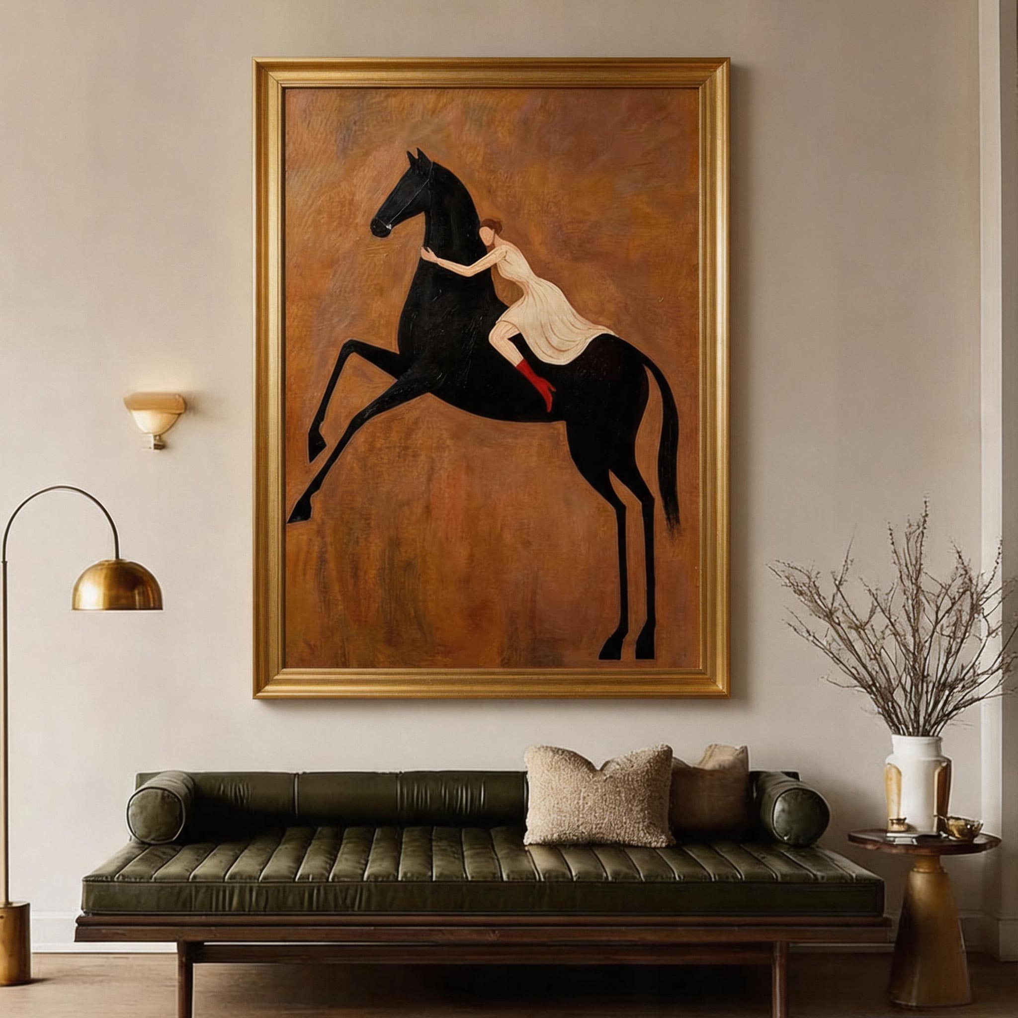 The Leap — Woman & Rearing Black Horse Canvas Wall Art #HA041