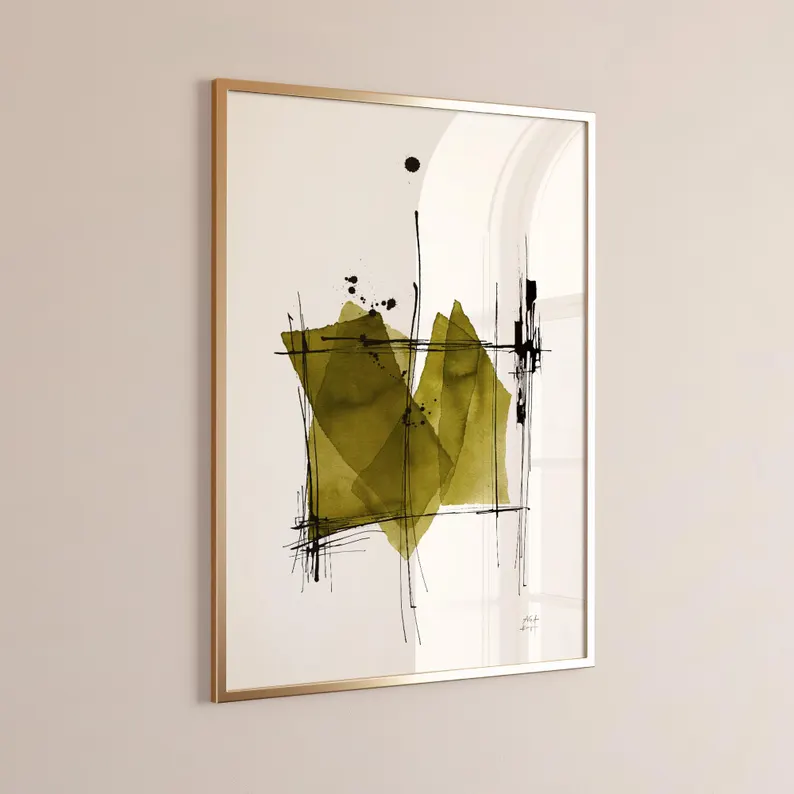 Minimalist Abstract Wall Art in Olive Green – Modern Canvas Painting #MA030