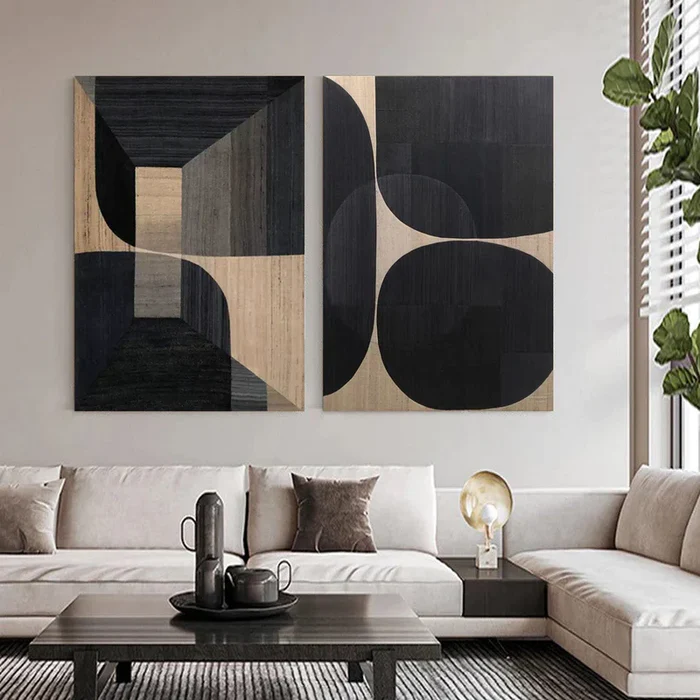 Black Plaster Art Minimalist Textured Painting Set of 2 #BT017