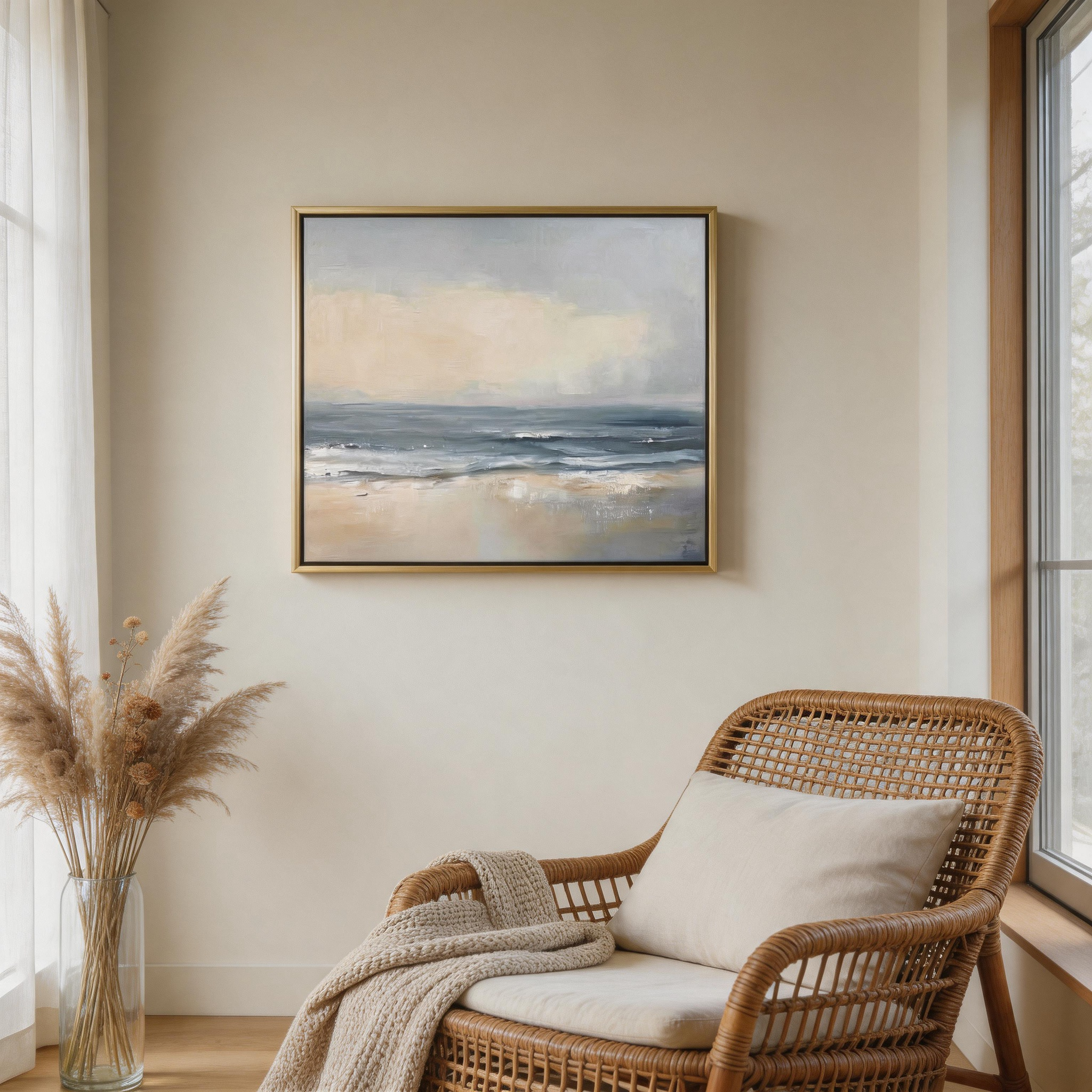 Quiet Sea — Moody Coastal Seascape Canvas Wall Art in Grey, Blue & Sand #CP052