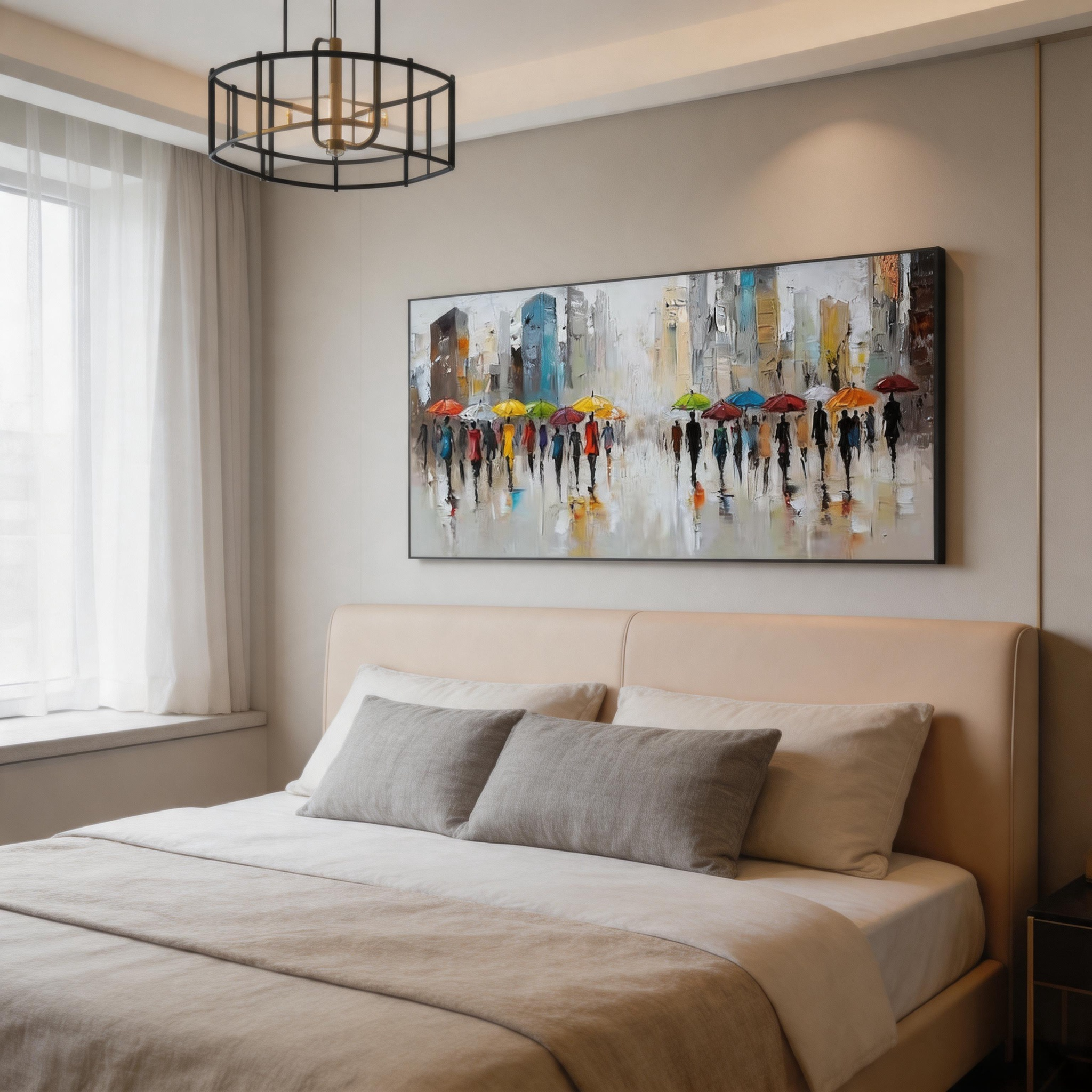 City in the Rain — Colorful Umbrella Urban Impasto Canvas Wall Art #CP040
