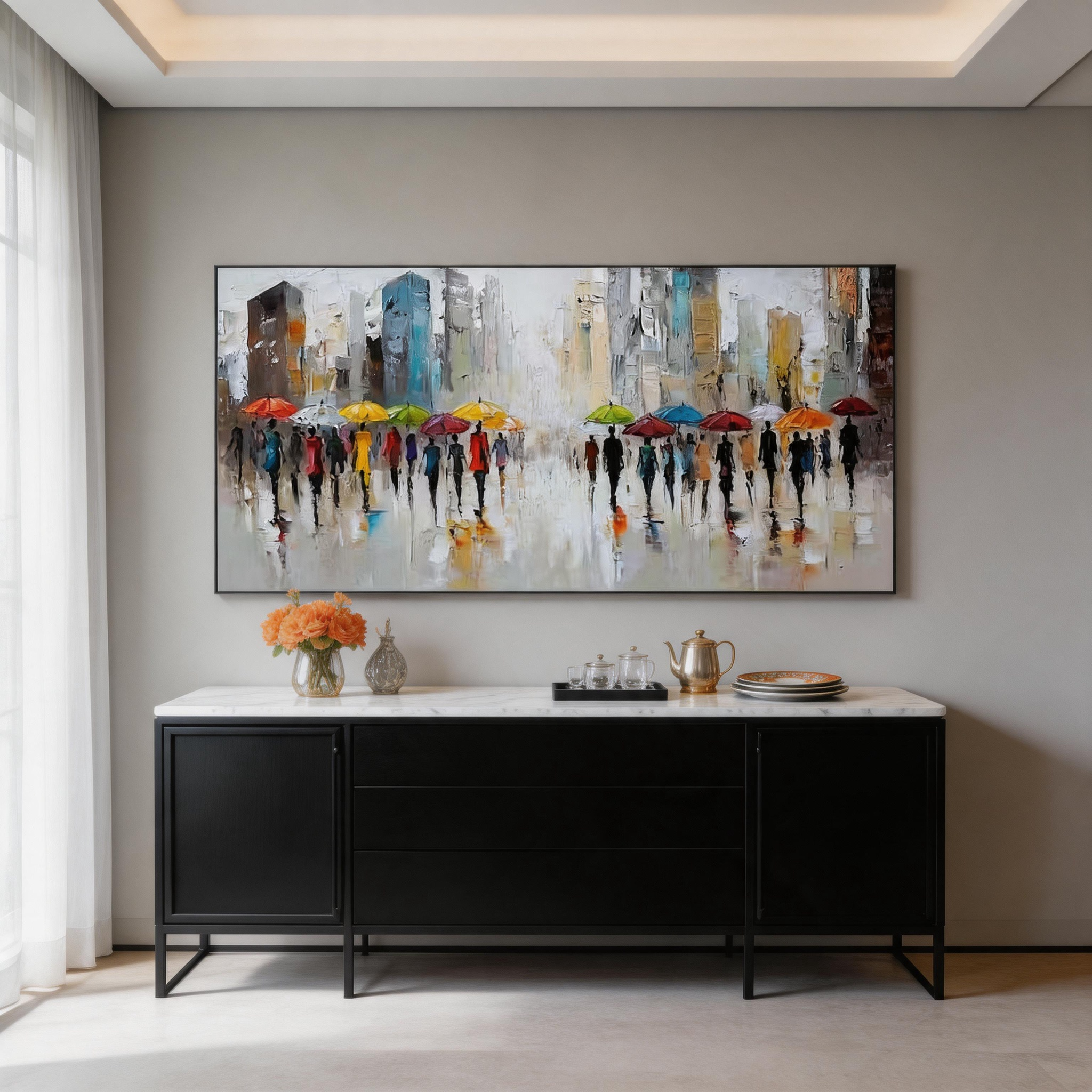 City in the Rain — Colorful Umbrella Urban Impasto Canvas Wall Art #CP040