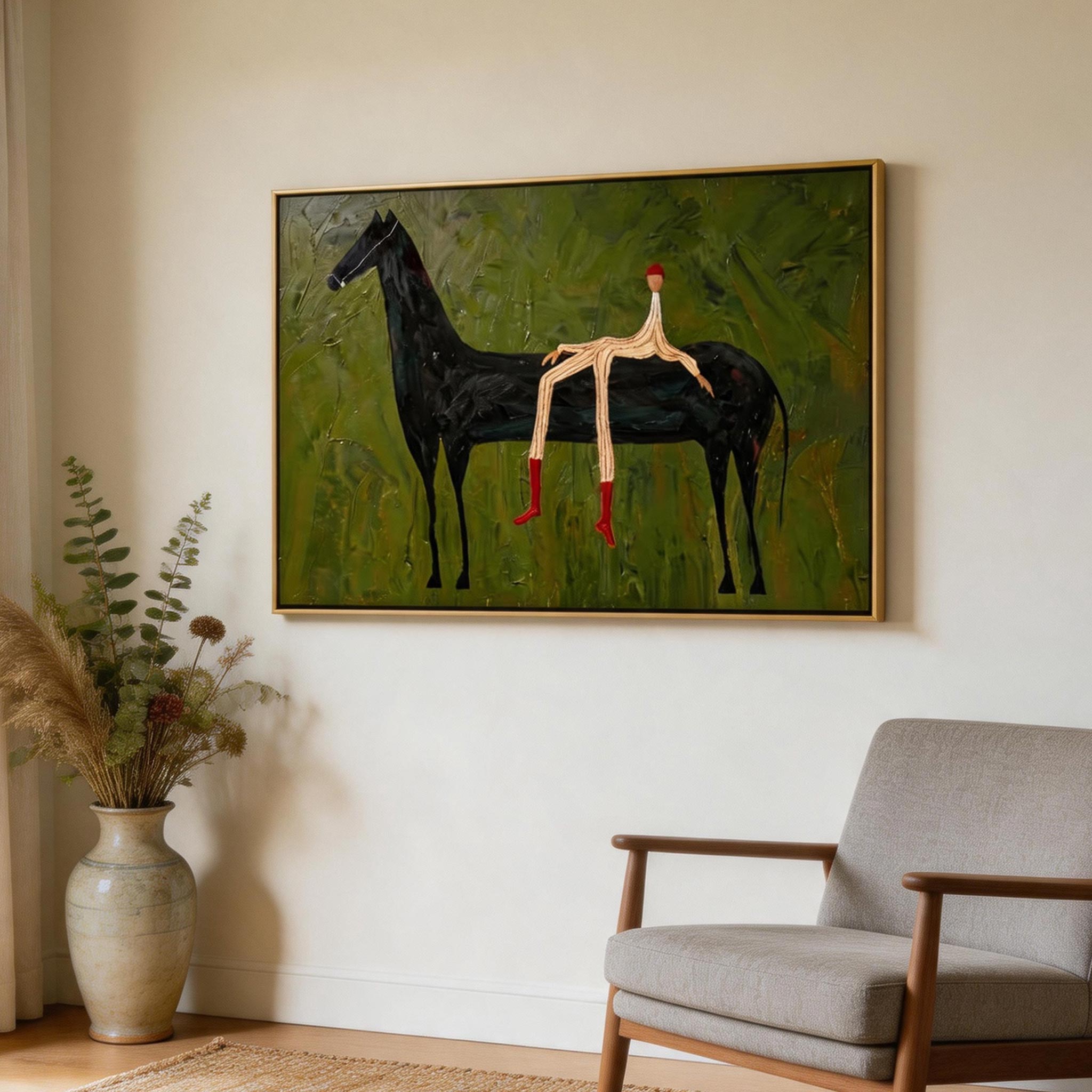 Red Socks — Stick Figure Rider & Black Horse Canvas Wall Art #HA043