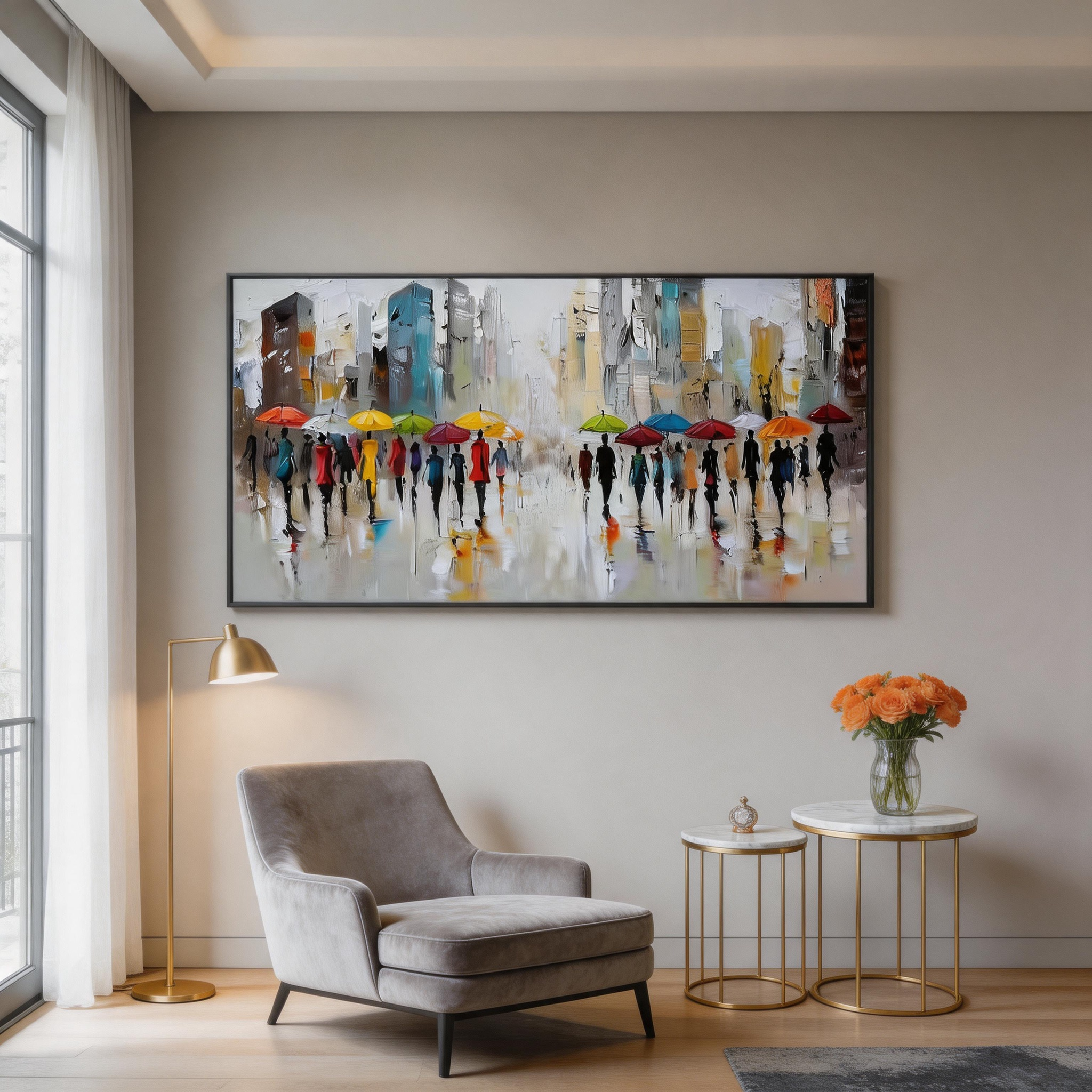 City in the Rain — Colorful Umbrella Urban Impasto Canvas Wall Art #CP040