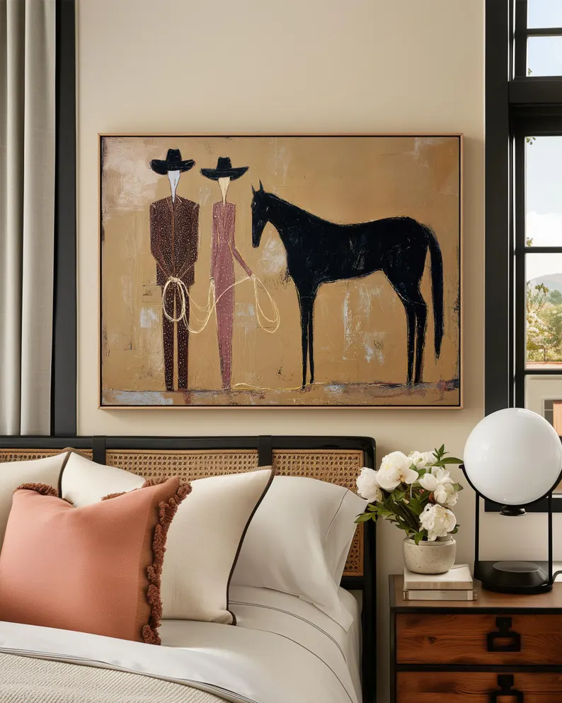 Abstract Cowboy Couple & Horse Wall Art – Western Style Canvas Painting #HA018