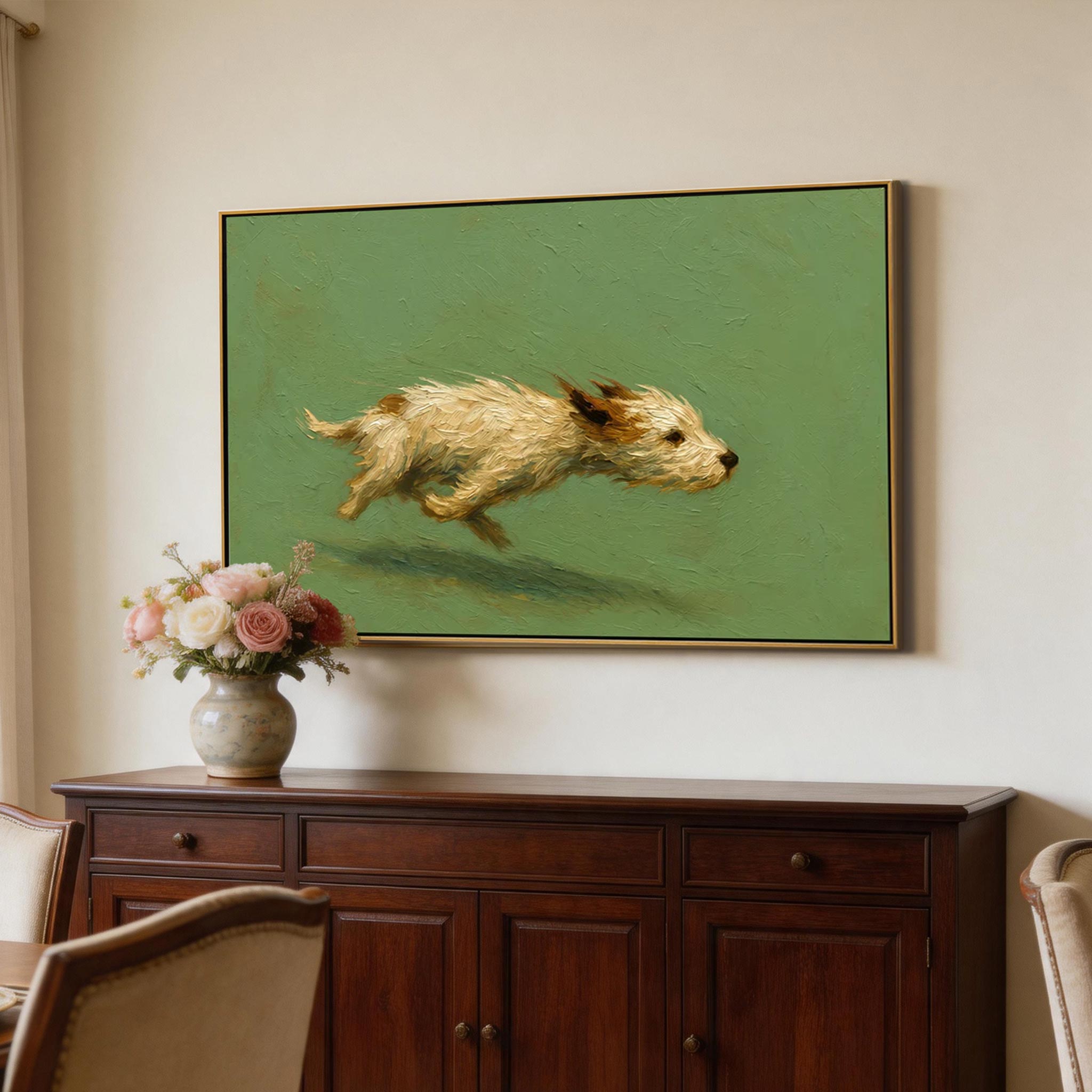 Full Speed — Running Terrier Impasto Canvas Wall Art on Sage Green #CP056