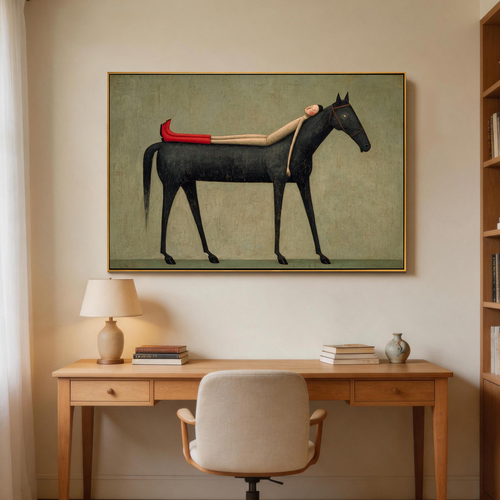 Carried — Woman & Black Horse Surrealist Canvas Wall Art #HA040