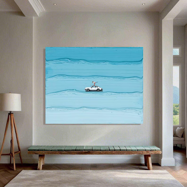 Open Road Textured Canvas Wall Art — Minimalist Car Painting on Sky Blue #PP004