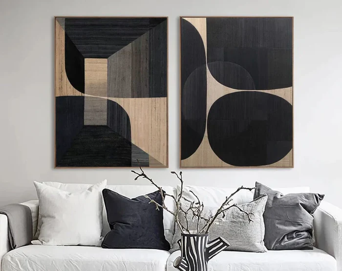 Black Plaster Art Minimalist Textured Painting Set of 2 #BT017