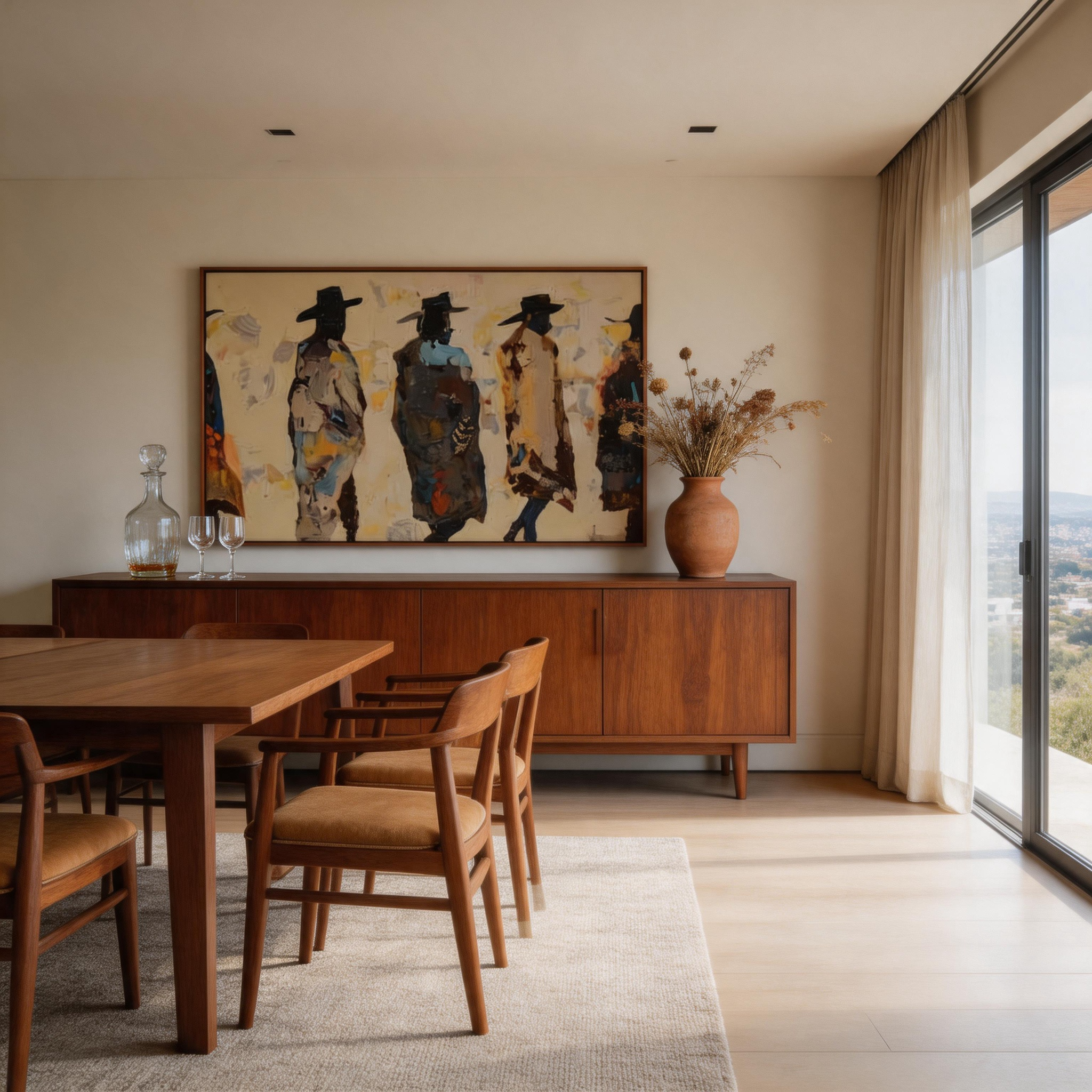 The Gathering — Abstract Figurative Canvas Wall Art with Hat-Wearing Figures #CP041