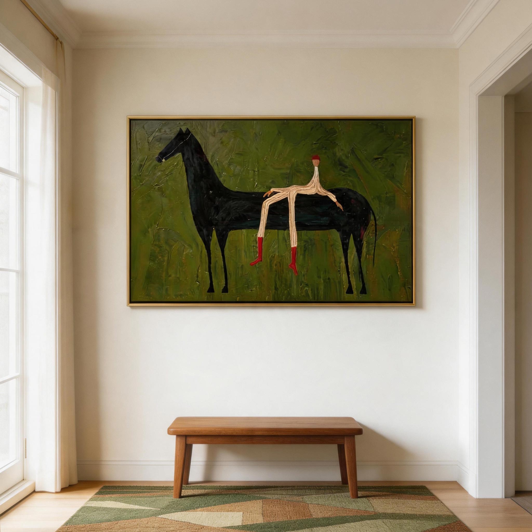 Red Socks — Stick Figure Rider & Black Horse Canvas Wall Art #HA043