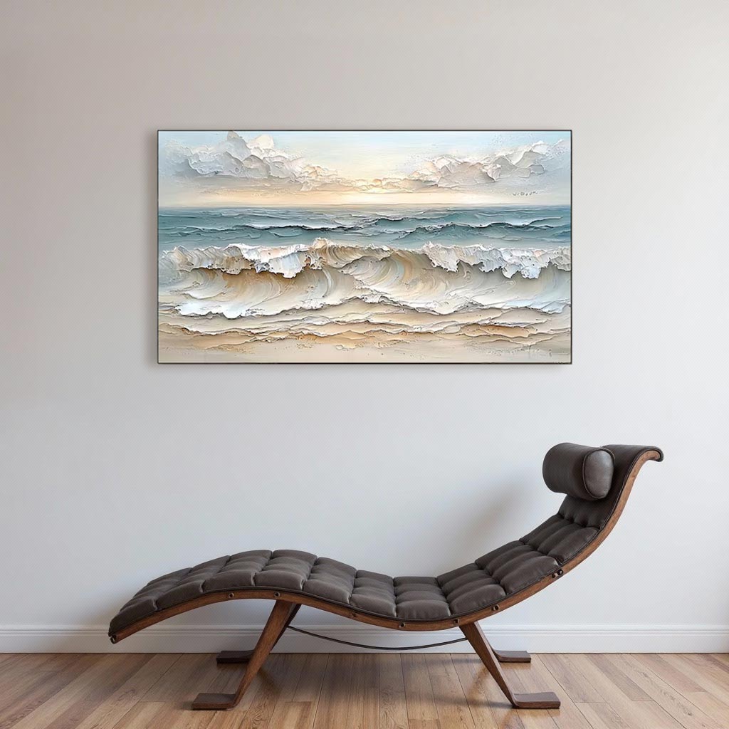 Textured Ocean Wave Wall Art Canvas – Soft Neutral Coastal Seascape Painting #GT002
