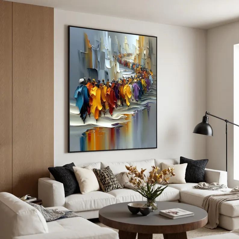 Large Colorful Crowd Procession Canvas Painting #CP035